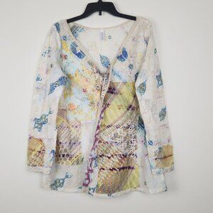 Gregory Parkinson Size M Boho Long Sleeve Multicolor Cotton Top Blouse